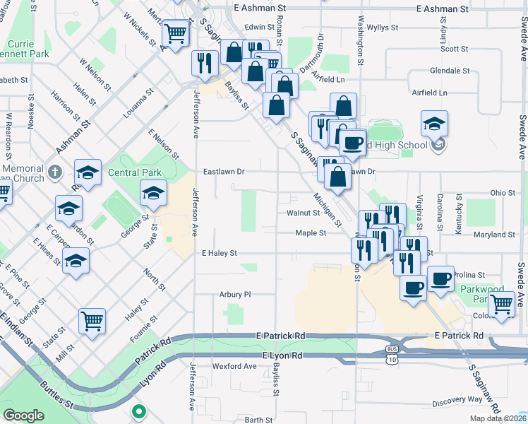 map of restaurants, bars, coffee shops, grocery stores, and more near 2101 Bayliss Street in Midland