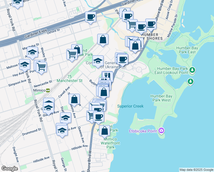 map of restaurants, bars, coffee shops, grocery stores, and more near 2358 Lake Shore Boulevard West in Toronto