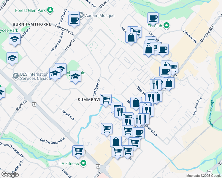 map of restaurants, bars, coffee shops, grocery stores, and more near 3115 Sunnyhill Drive in Mississauga