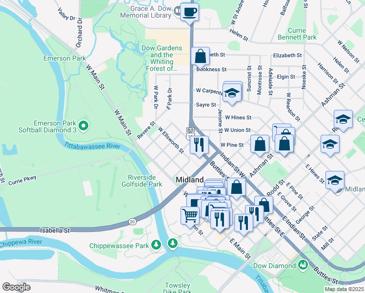map of restaurants, bars, coffee shops, grocery stores, and more near 501-599 West Ellsworth Street in Midland Township