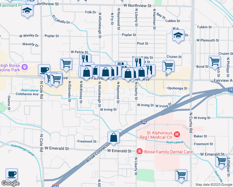 map of restaurants, bars, coffee shops, grocery stores, and more near 1319n West Irving Street in Boise