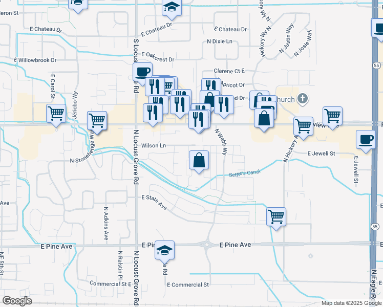 map of restaurants, bars, coffee shops, grocery stores, and more near 1931 East Wilson Lane in Meridian