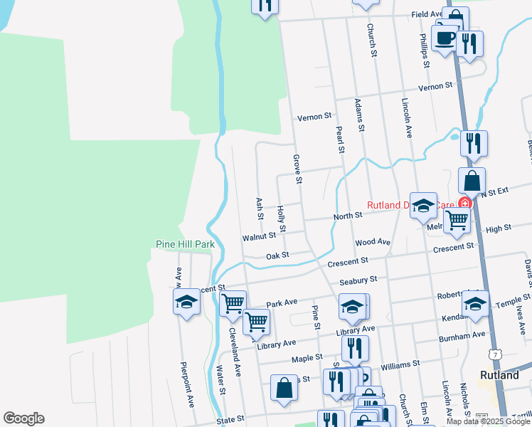 map of restaurants, bars, coffee shops, grocery stores, and more near 139 Ash Street in Rutland