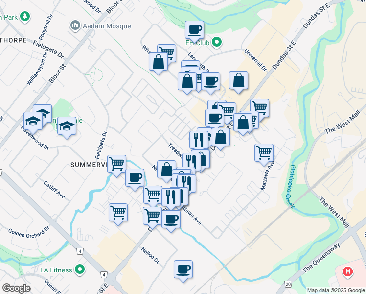map of restaurants, bars, coffee shops, grocery stores, and more near 3040 Knob Hill in Mississauga