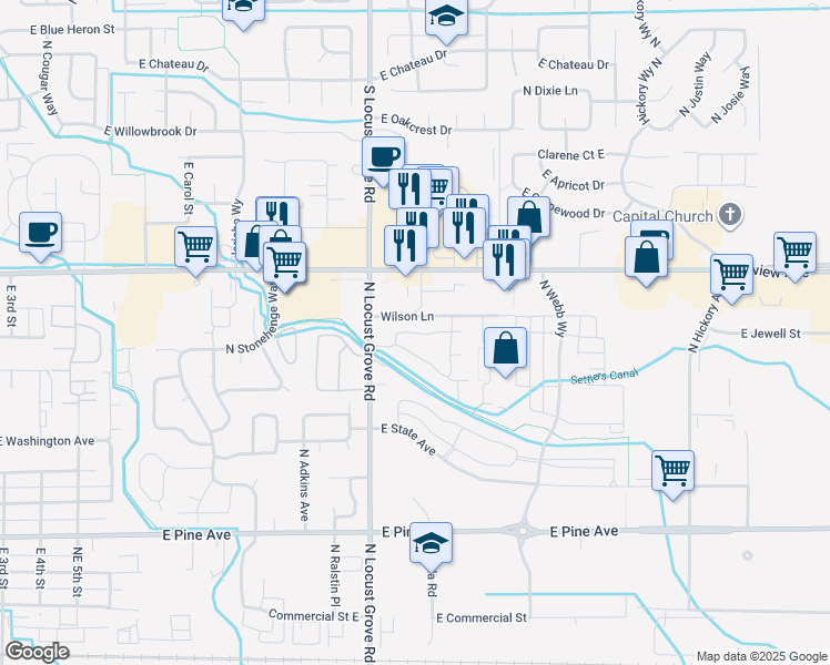 map of restaurants, bars, coffee shops, grocery stores, and more near 1470 North Locust Grove Road in Meridian