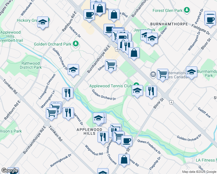 map of restaurants, bars, coffee shops, grocery stores, and more near 4005 Hickory Drive in Mississauga