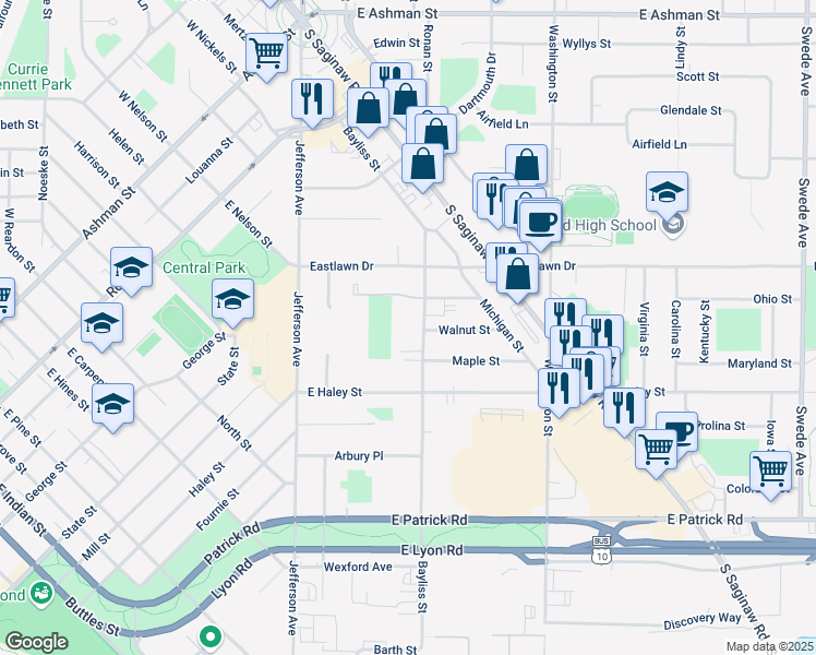map of restaurants, bars, coffee shops, grocery stores, and more near 2119 Bayliss Street in Midland