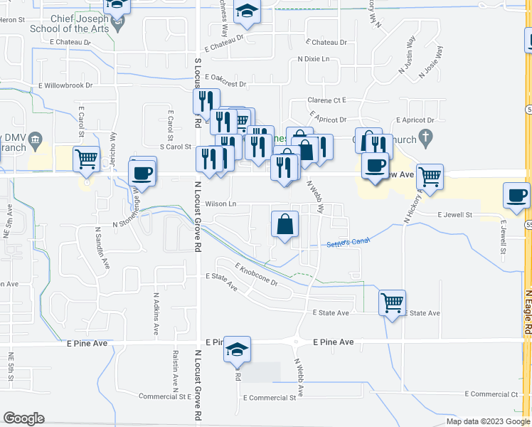 map of restaurants, bars, coffee shops, grocery stores, and more near 1905 Wilson Lane in Meridian