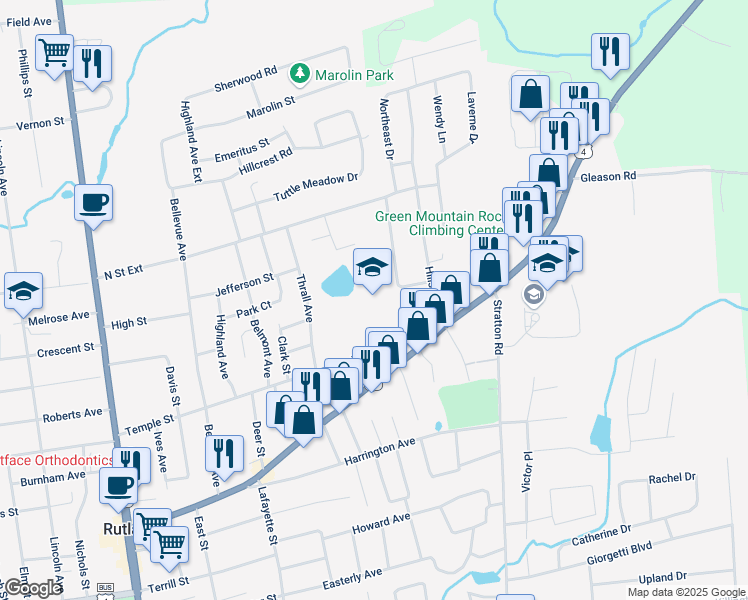 map of restaurants, bars, coffee shops, grocery stores, and more near 117 Temple Street in Rutland