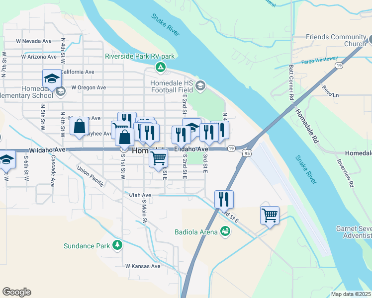 map of restaurants, bars, coffee shops, grocery stores, and more near 203 East Idaho Avenue in Homedale