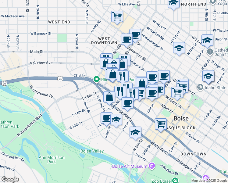 map of restaurants, bars, coffee shops, grocery stores, and more near 1360 West Front Street in Boise