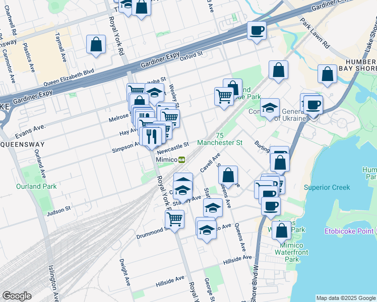 map of restaurants, bars, coffee shops, grocery stores, and more near in Toronto