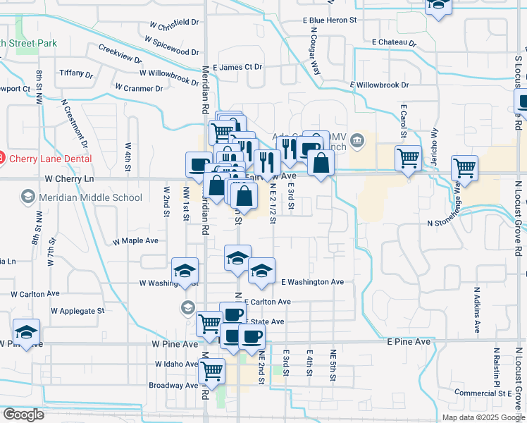 map of restaurants, bars, coffee shops, grocery stores, and more near 328 Gruber Avenue in Meridian