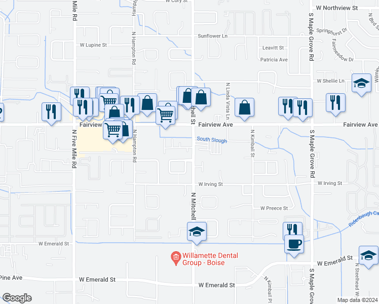 map of restaurants, bars, coffee shops, grocery stores, and more near 9825 West Rosecroft Court in Boise