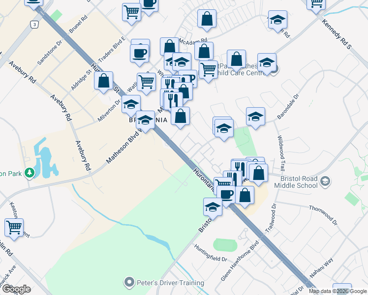 map of restaurants, bars, coffee shops, grocery stores, and more near 55 Barondale Drive in Mississauga