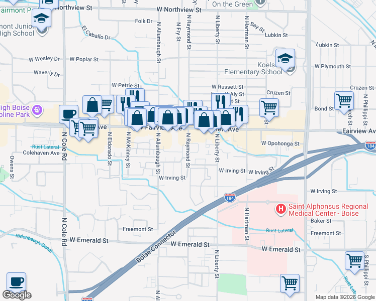 map of restaurants, bars, coffee shops, grocery stores, and more near 1488 North Raymond Street in Boise