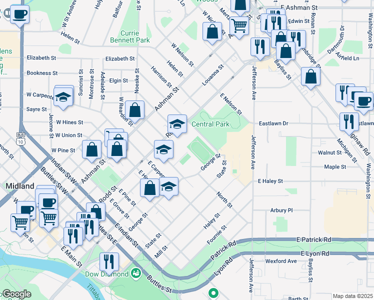 map of restaurants, bars, coffee shops, grocery stores, and more near 305 East Reardon Street in Midland