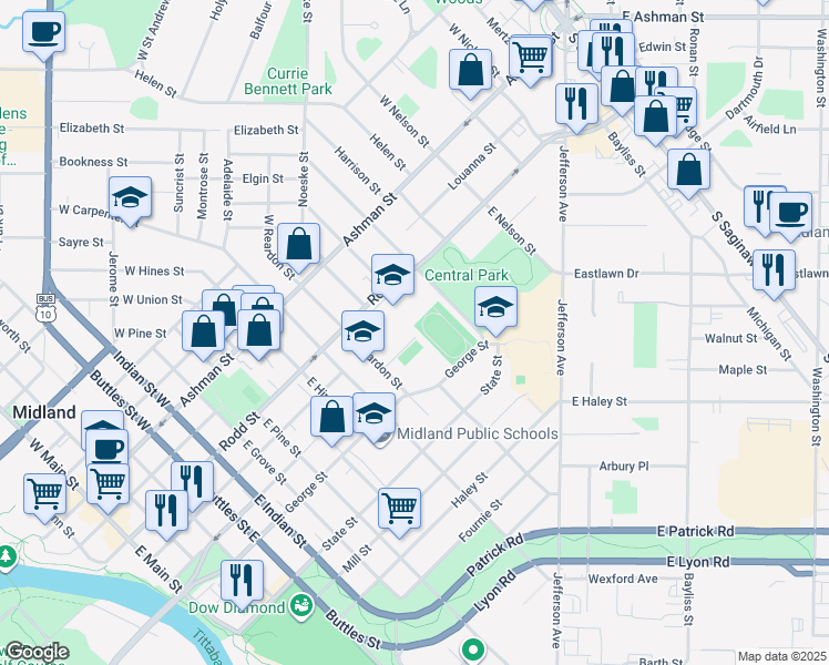 map of restaurants, bars, coffee shops, grocery stores, and more near 305 East Reardon Street in Midland