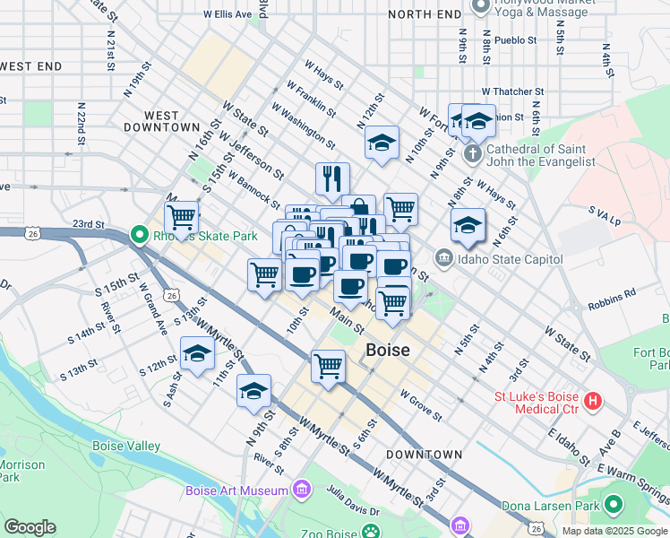 map of restaurants, bars, coffee shops, grocery stores, and more near 210 North 10th Street in Boise