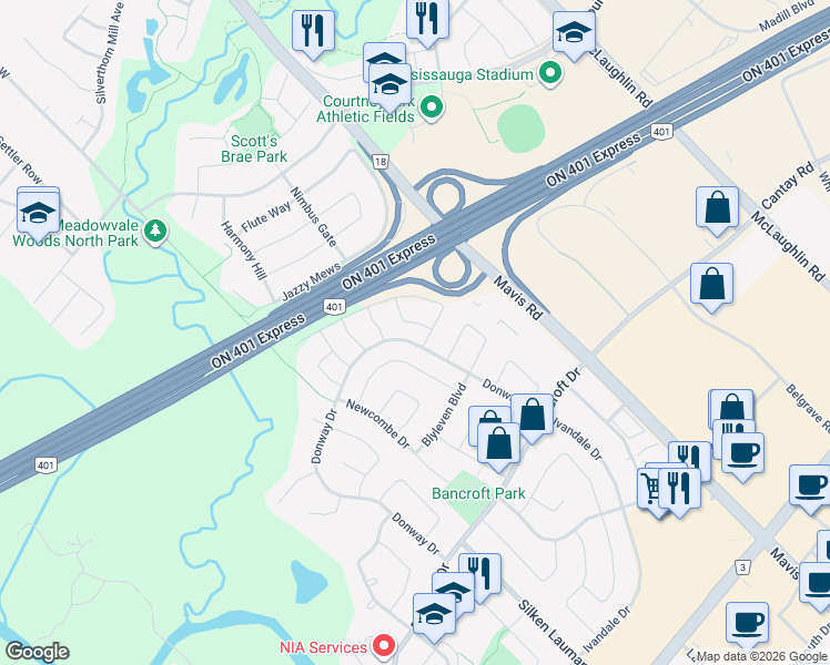 map of restaurants, bars, coffee shops, grocery stores, and more near 6408 Torre Drive in Mississauga