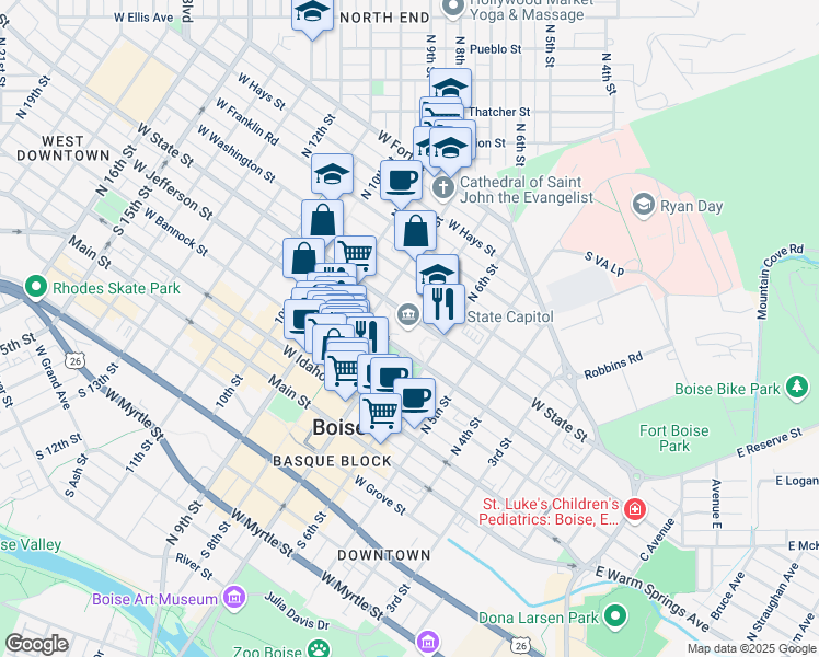 map of restaurants, bars, coffee shops, grocery stores, and more near 700 West Jefferson Street in Boise