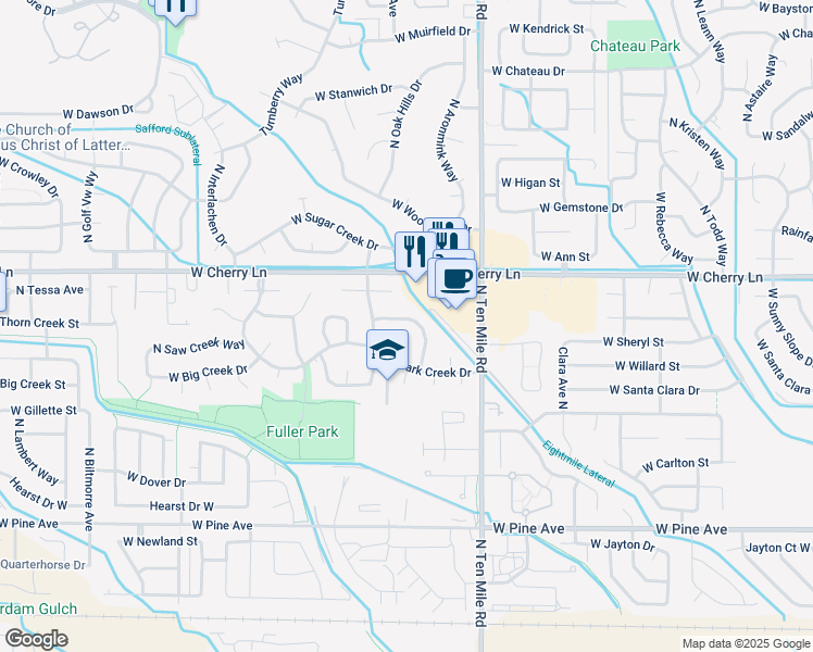 map of restaurants, bars, coffee shops, grocery stores, and more near 3431 West Elm Creek Drive in Meridian