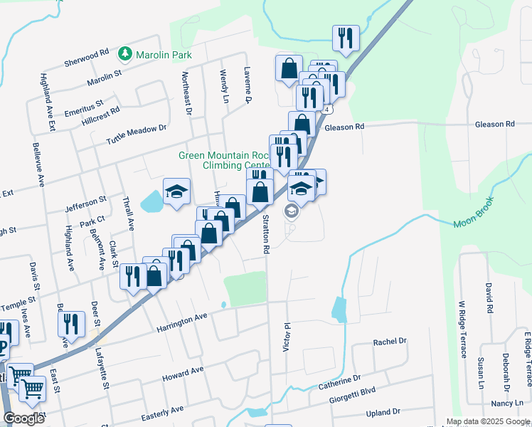 map of restaurants, bars, coffee shops, grocery stores, and more near 8 Stratton Road in Rutland