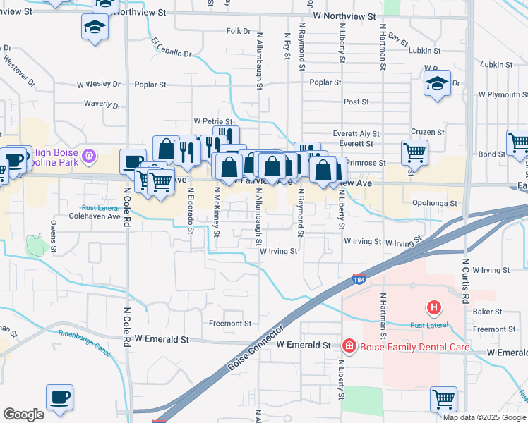 map of restaurants, bars, coffee shops, grocery stores, and more near 1506 North McKinney Lane in Boise