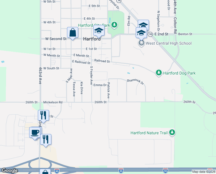 map of restaurants, bars, coffee shops, grocery stores, and more near 404 Emma Drive in Hartford