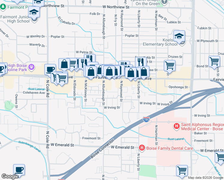 map of restaurants, bars, coffee shops, grocery stores, and more near 6713 West Fairview Avenue in Boise