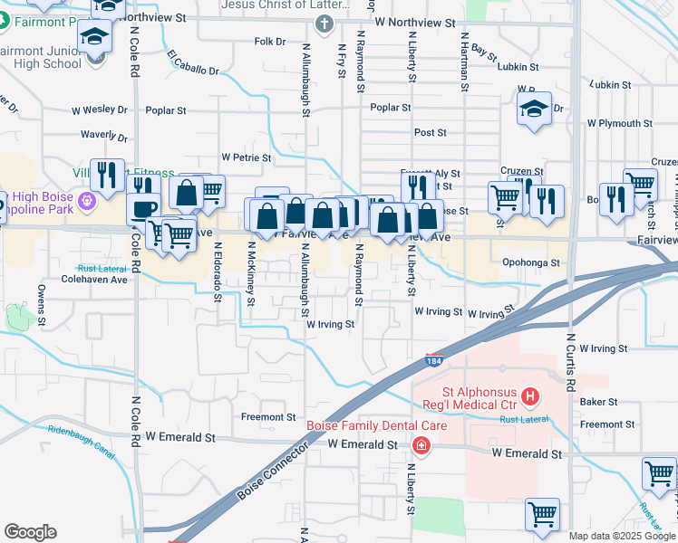 map of restaurants, bars, coffee shops, grocery stores, and more near 6713 West Fairview Avenue in Boise