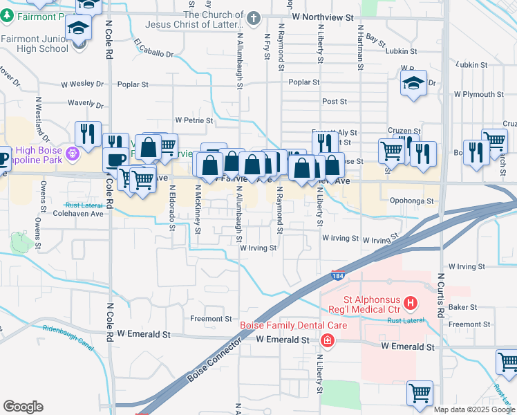 map of restaurants, bars, coffee shops, grocery stores, and more near 6713 West Fairview Avenue in Boise