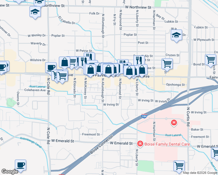 map of restaurants, bars, coffee shops, grocery stores, and more near 6713 West Fairview Avenue in Boise