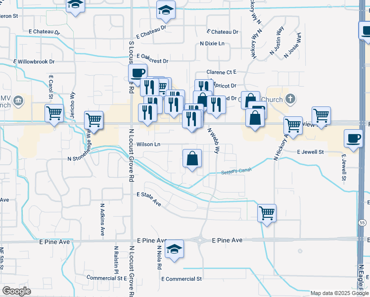 map of restaurants, bars, coffee shops, grocery stores, and more near 1951 East Fairview Avenue in Meridian