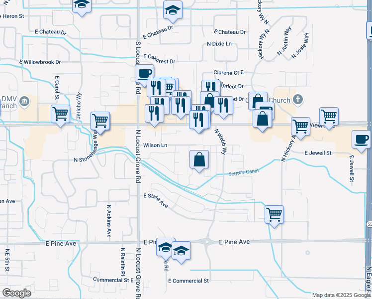 map of restaurants, bars, coffee shops, grocery stores, and more near 1951 East Fairview Avenue in Meridian