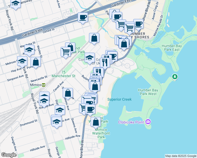 map of restaurants, bars, coffee shops, grocery stores, and more near in Toronto