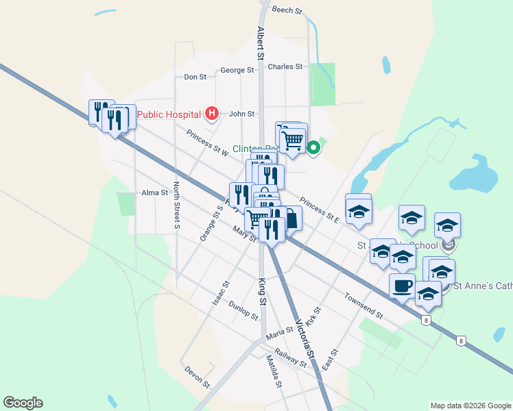 map of restaurants, bars, coffee shops, grocery stores, and more near 46 Albert Street in Clinton