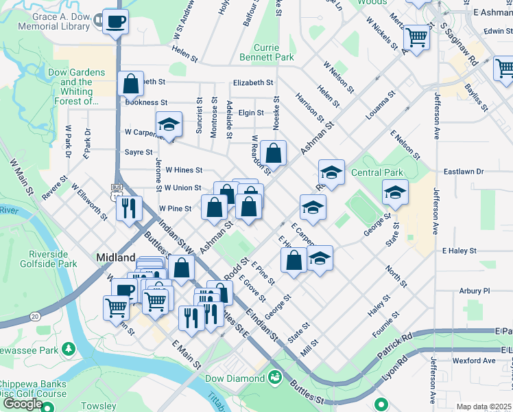 map of restaurants, bars, coffee shops, grocery stores, and more near 1015 Ashman Street in Midland