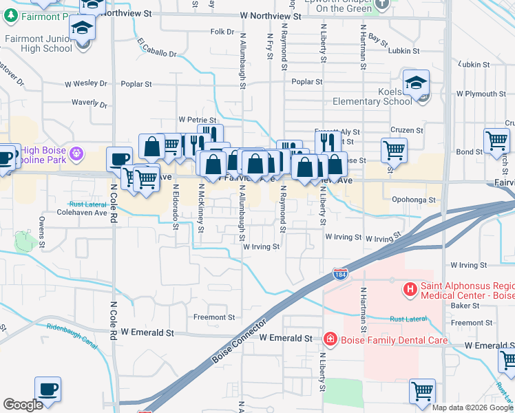 map of restaurants, bars, coffee shops, grocery stores, and more near 6713 West Fairview Avenue in Boise