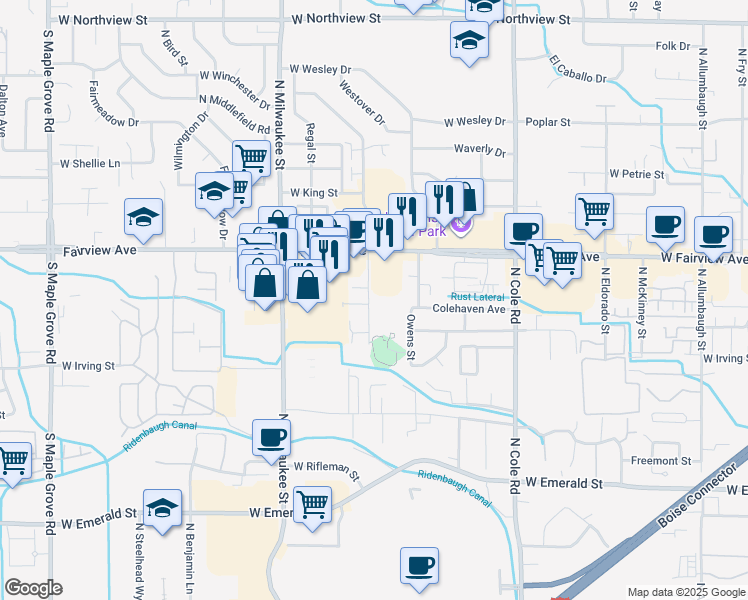 map of restaurants, bars, coffee shops, grocery stores, and more near 1500 North Etheridge Lane in Boise