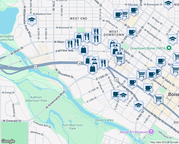 map of restaurants, bars, coffee shops, grocery stores, and more near River St in Boise