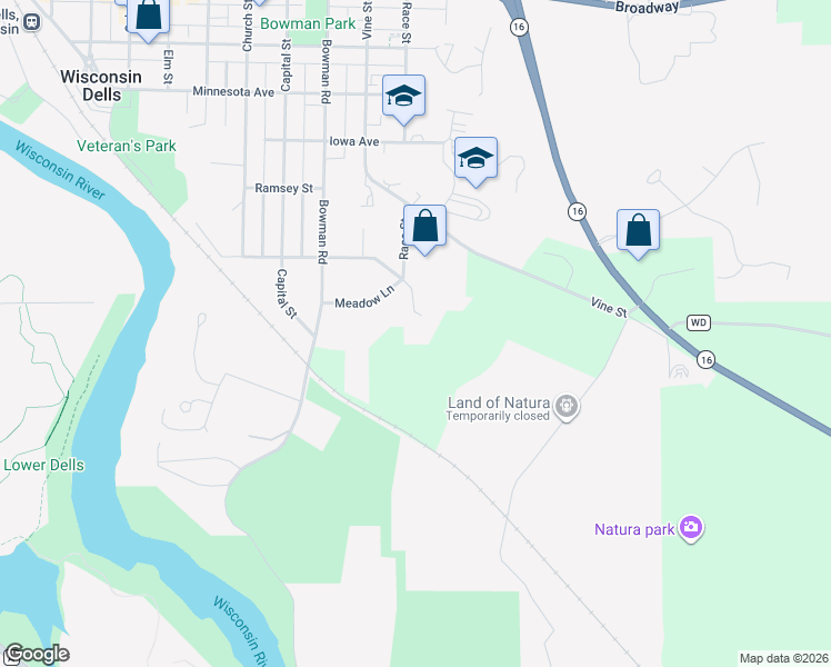 map of restaurants, bars, coffee shops, grocery stores, and more near 200 Windy Hill Road in Wisconsin Dells