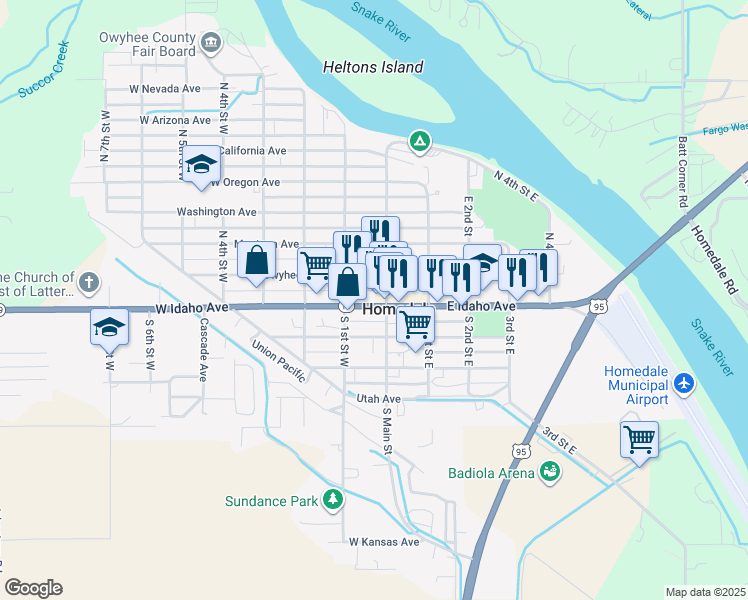 map of restaurants, bars, coffee shops, grocery stores, and more near 6 West Idaho Avenue in Homedale
