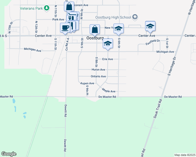 map of restaurants, bars, coffee shops, grocery stores, and more near 726 Ontario Avenue in Oostburg