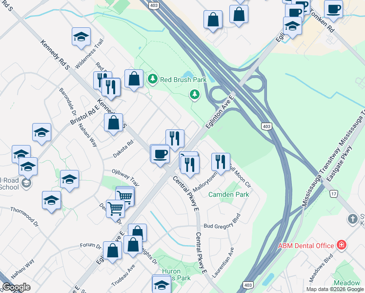 map of restaurants, bars, coffee shops, grocery stores, and more near 755 Candlestick Circle in Mississauga