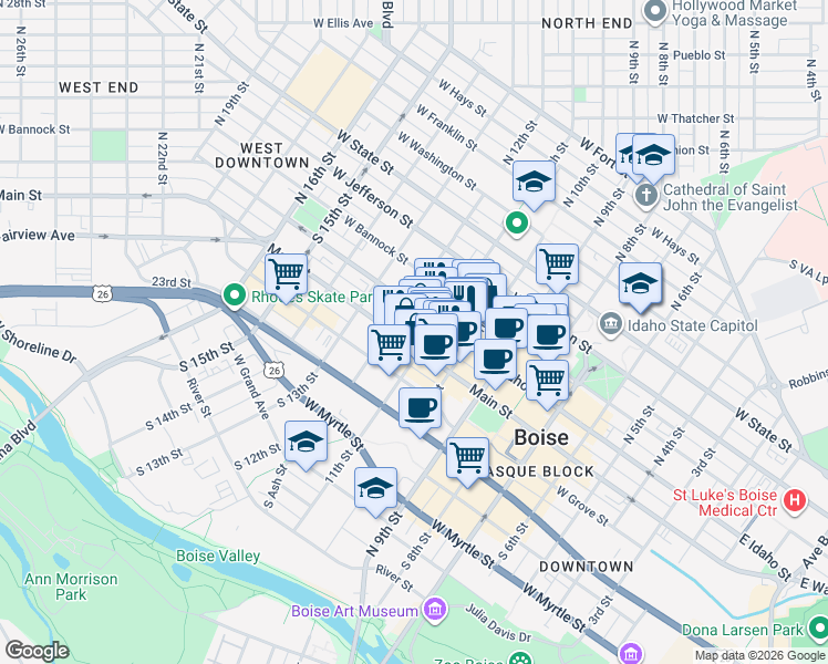 map of restaurants, bars, coffee shops, grocery stores, and more near 1112 West Main Street in Boise
