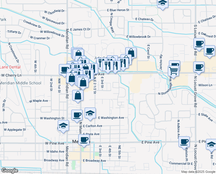 map of restaurants, bars, coffee shops, grocery stores, and more near 14 East 3rd Street in Meridian