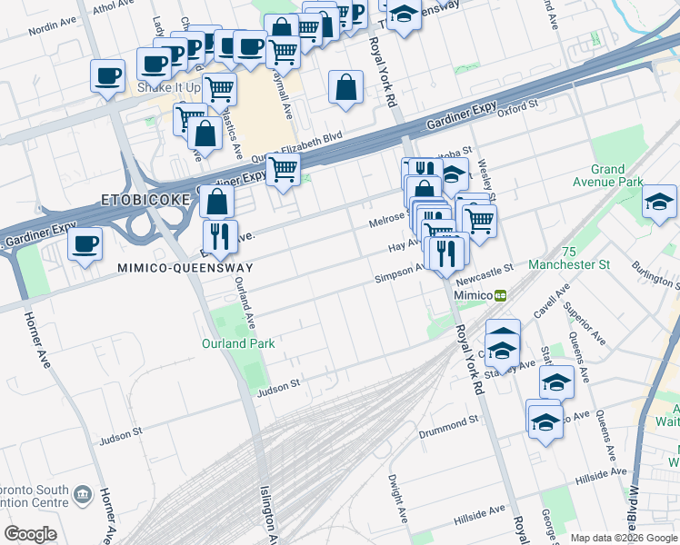 map of restaurants, bars, coffee shops, grocery stores, and more near 91 Hay Avenue in Toronto