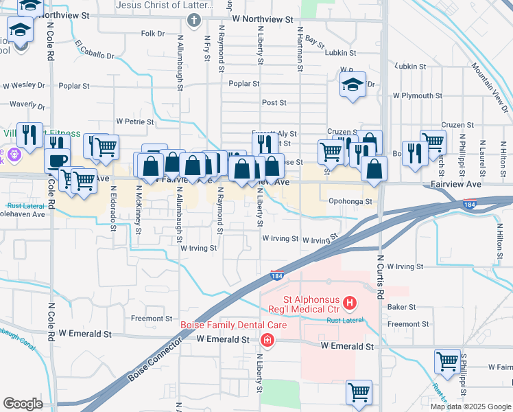 map of restaurants, bars, coffee shops, grocery stores, and more near 6457 West Fairview Avenue in Boise