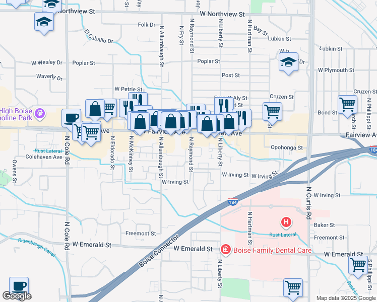 map of restaurants, bars, coffee shops, grocery stores, and more near 1488 North Raymond Street in Boise